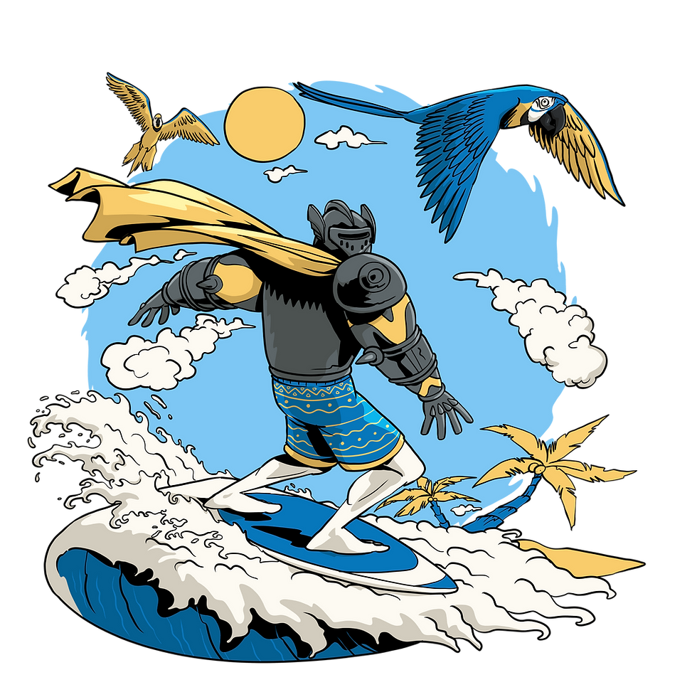 Illustration d'un chevalier en vacances à la plage. Mais toujours avec son armure.
