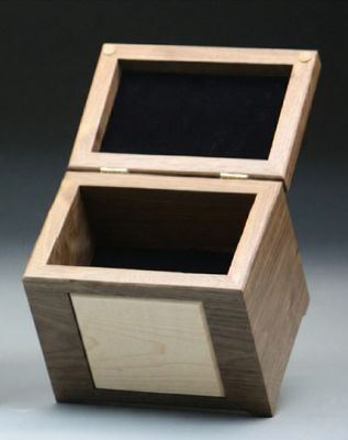 Open dual compartment walnut memory box revealing the felt-lined upper shadow box and a blank smooth Maple insert.