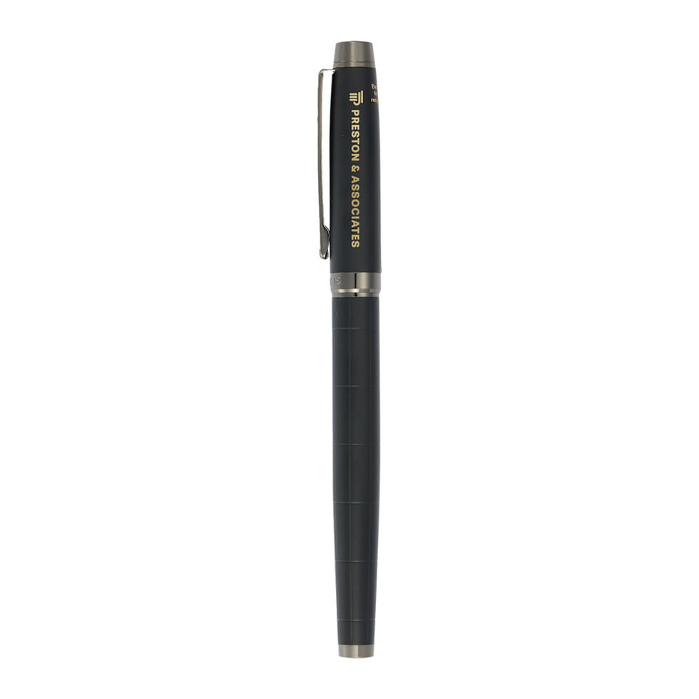 Custom engraved black Luxe recycled brass roller ball pen featuring professional corporate branding.
