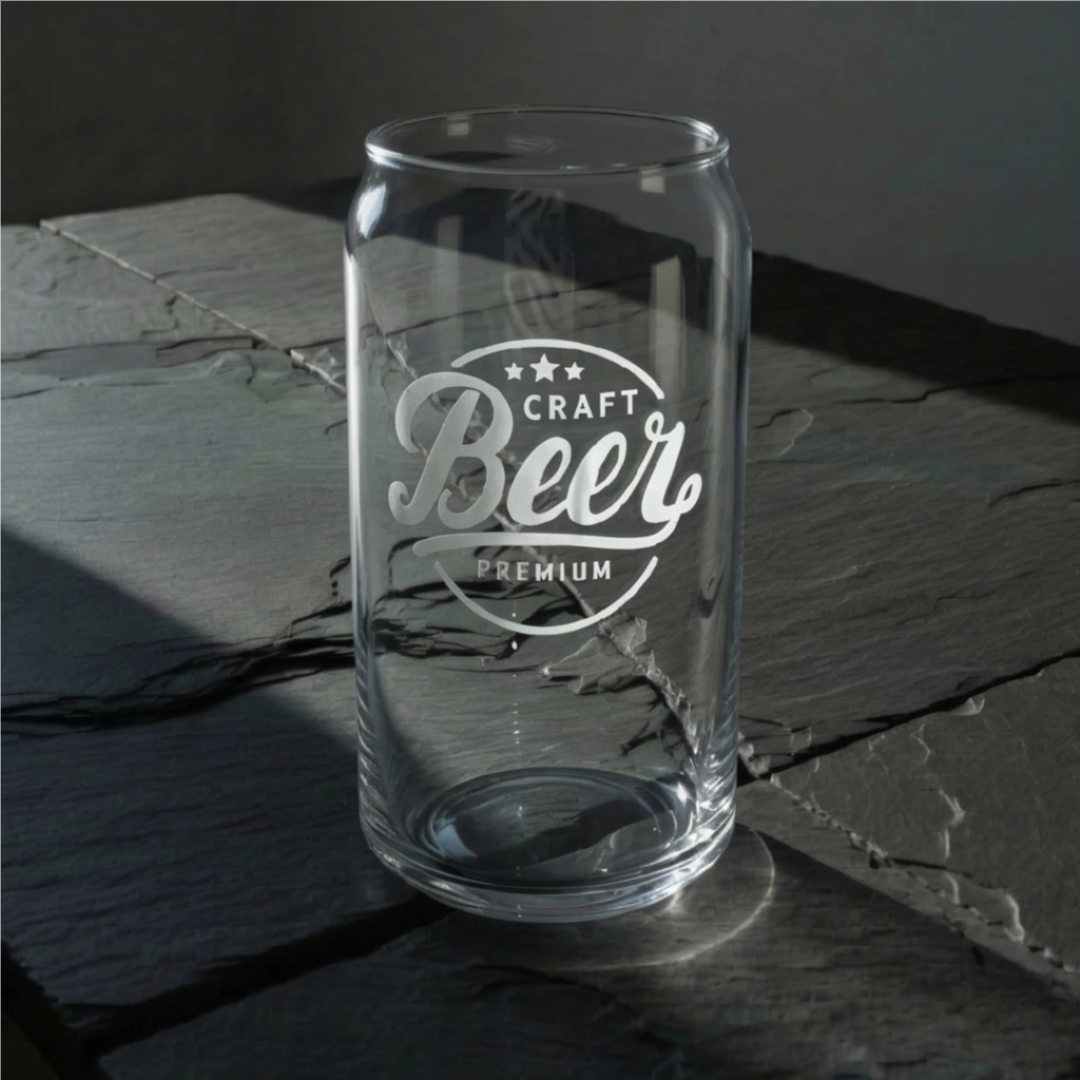 Custom laser engraved clear beer can glass featuring a 'Craft Beer Premium' design, resting on dark textured slate stone.