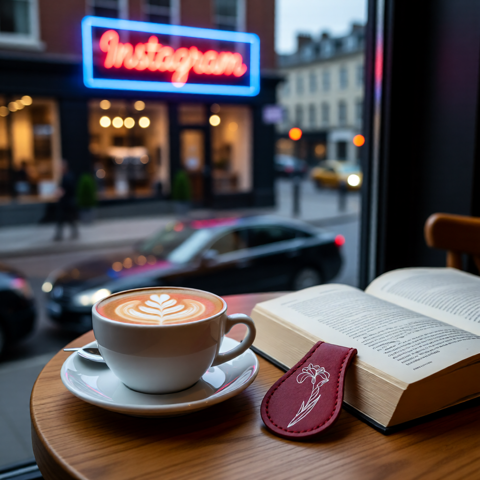 Red engraved floral magnetic bookmark on an open book next to a latte in a cafe window.
