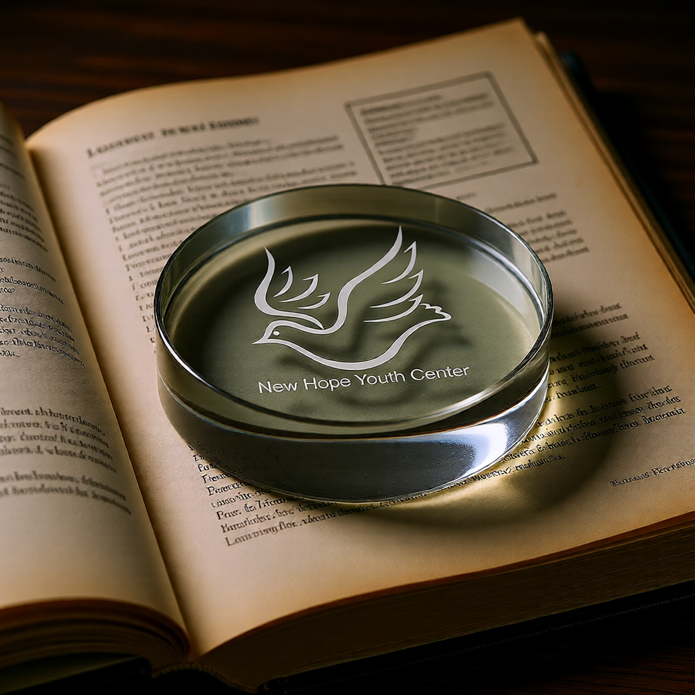 Custom engraved round optic crystal paperweight featuring a youth center logo, resting on an open book.
