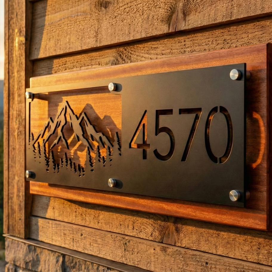 Close-up of laser engraved detail on a weather-resistant Mahogany Eclipse house number sign.