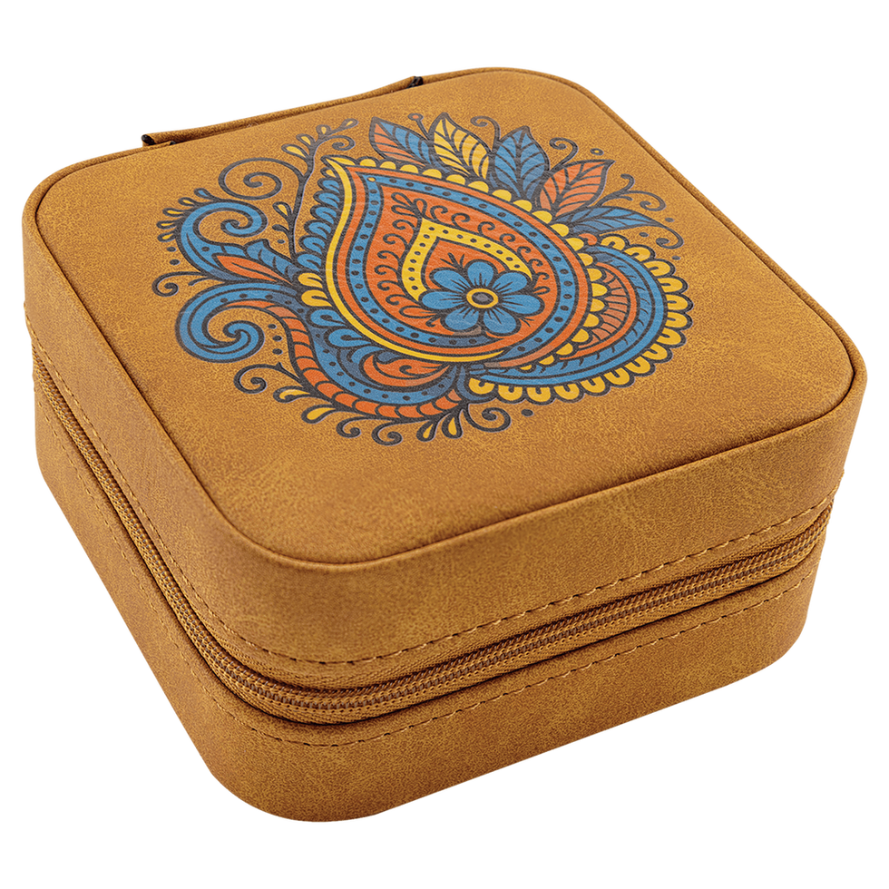 Personalized light brown leatherette travel jewelry box featuring a custom full-color UV printed design.