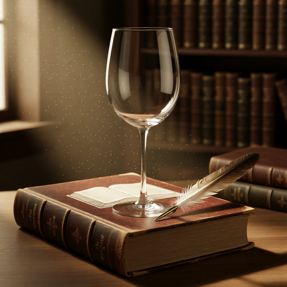 Custom wine glass on a vintage book with a quill in a library setting, symbolizing legacy and stories.