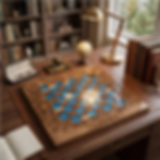 Custom engraved walnut and blue resin chessboard displayed on a luxury wooden office desk with books and a lamp.