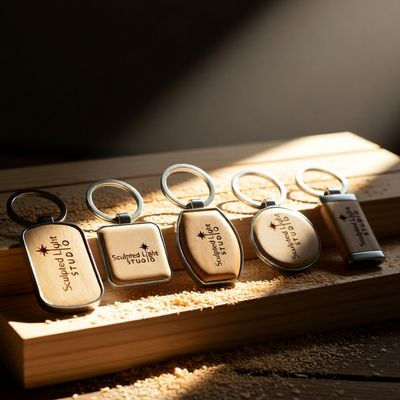 A collection of five premium wood and metal keychains with custom logo engraving for corporate gifts.
