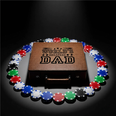 Closed football-textured leatherette poker case with heavy-duty carry handle.