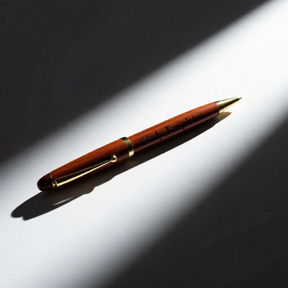 Wide African Rosewood ballpoint pen with custom laser engraving, resting in natural light shadow.