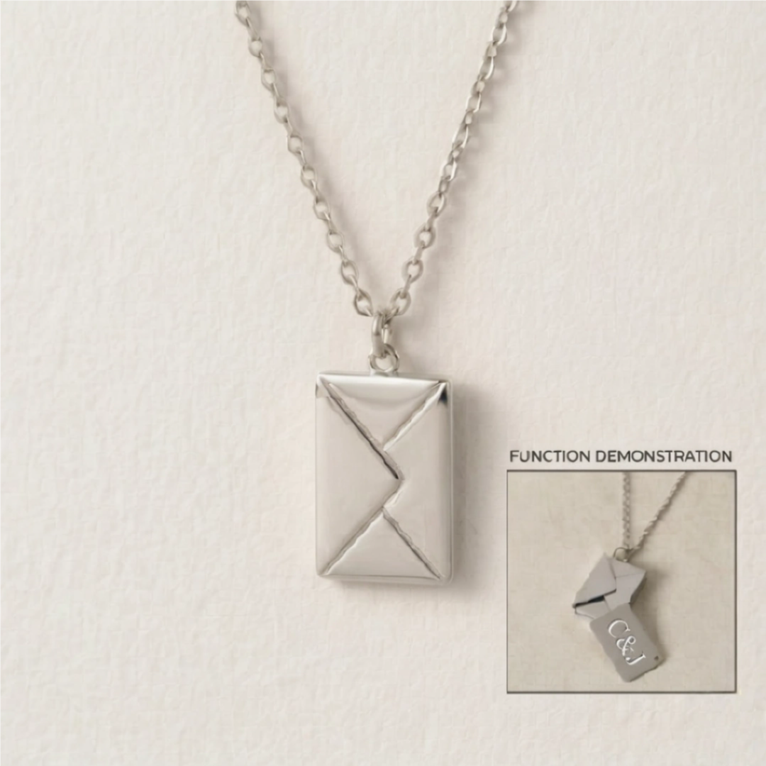 Silver envelope necklace with a custom engraved insert card reading I love you. A perfect personalized gift.