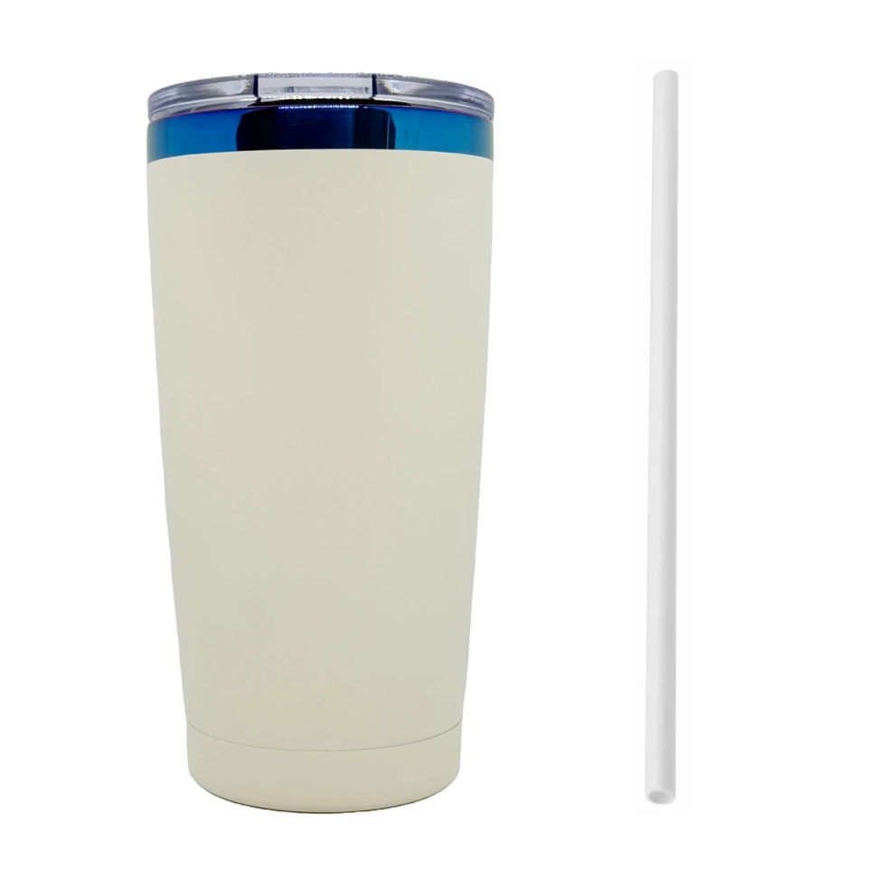 Blank cream 20oz stainless steel travel tumbler with Electric Sapphire metallic blue rim and white plastic straw.