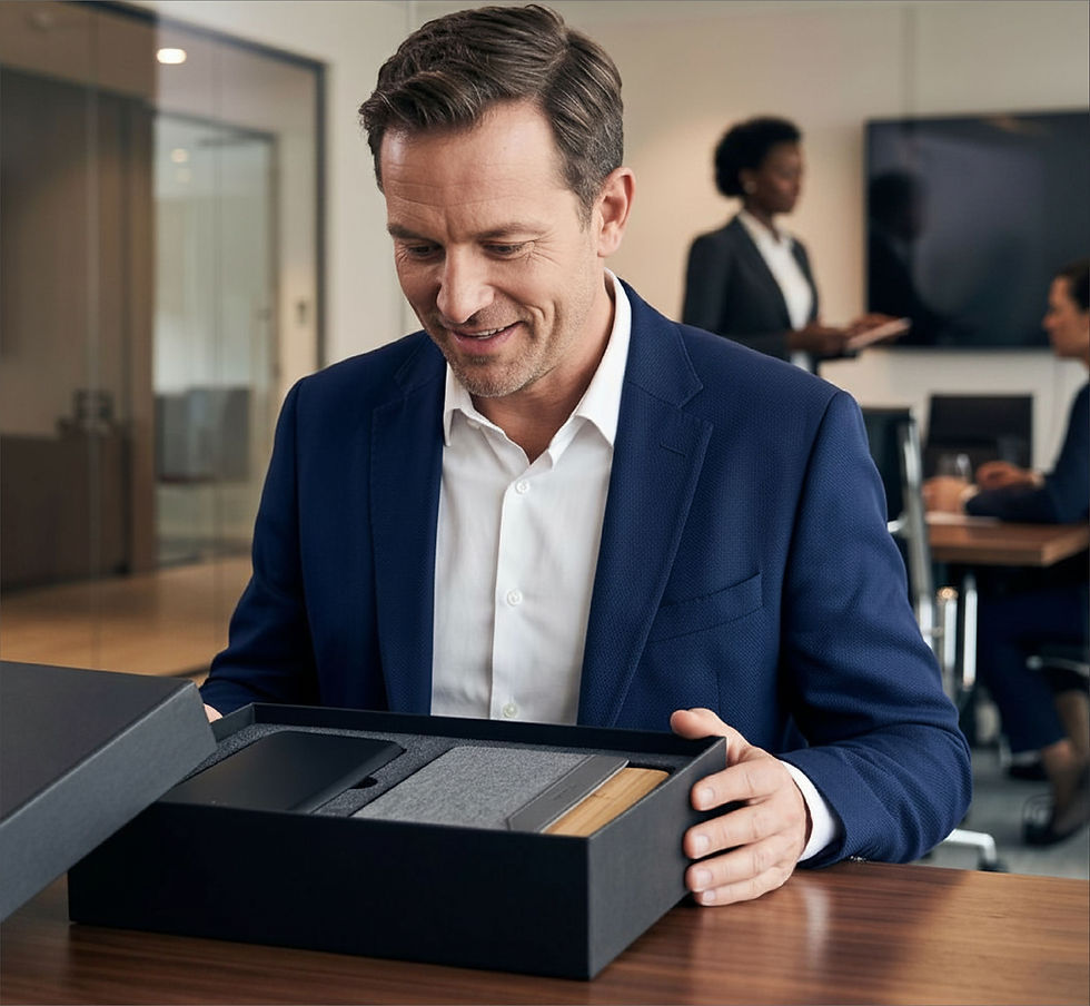 A professional in a suit smiling while opening a high-end, personalized corporate gift box in a modern, inclusive office setting.