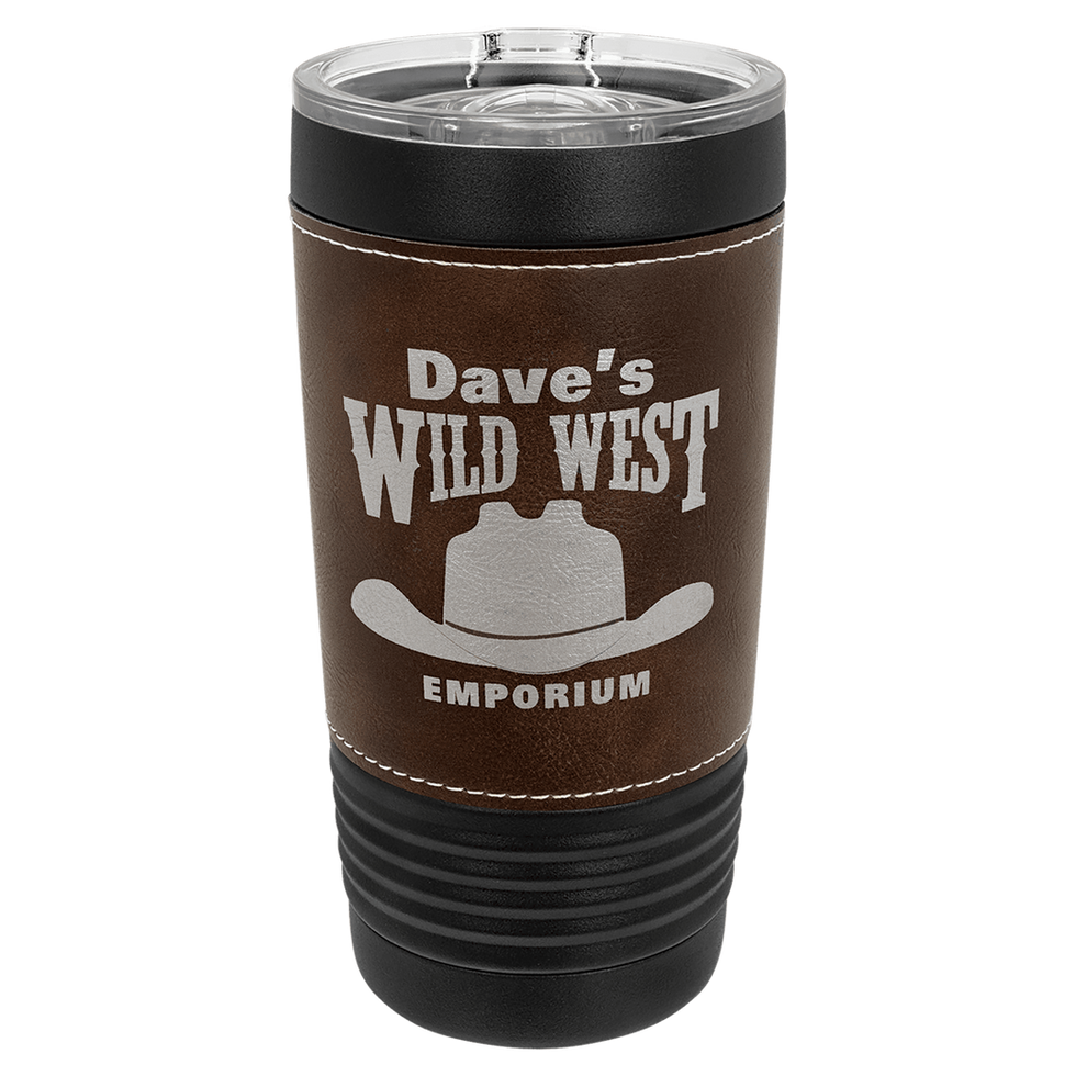 Polar Camel 20 oz Black Tumbler wrapped in rustic leatherette that engraves silver.