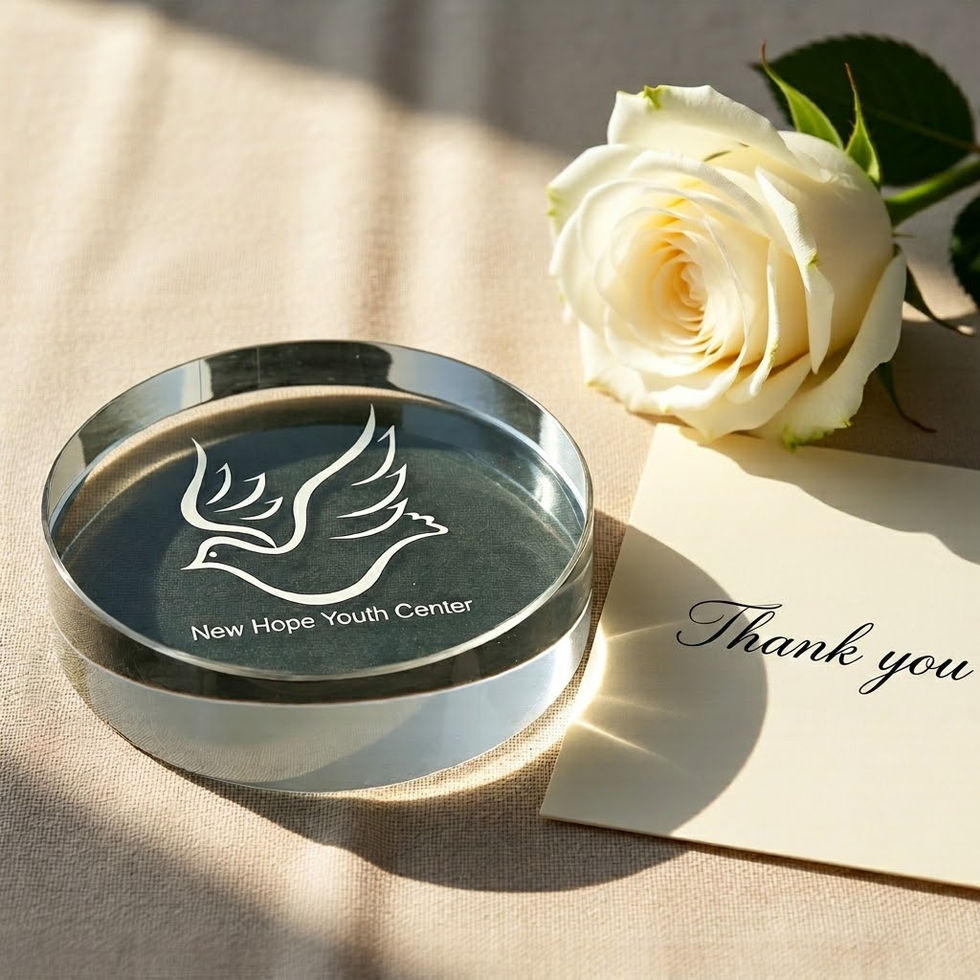 Engraved optic crystal paperweight with logo, styled next to a white rose and a thank you note.