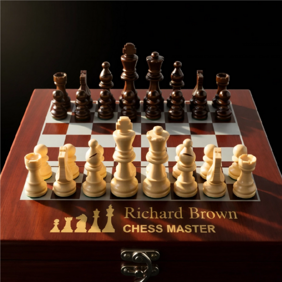 Closed Rosewood chess case top-down, highlighting the engravable high-gloss lid.