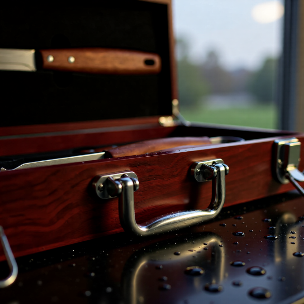Close-up detail of the polished silver carry handle and latch on the premium rosewood finish BBQ tool case.