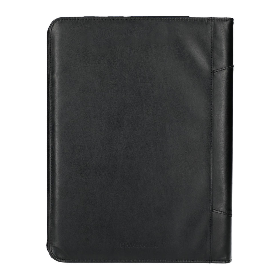 Back view of the black Wenger 9355-18bk padfolio, showcasing sleek spine stitching and subtle Wenger branding at the bottom.