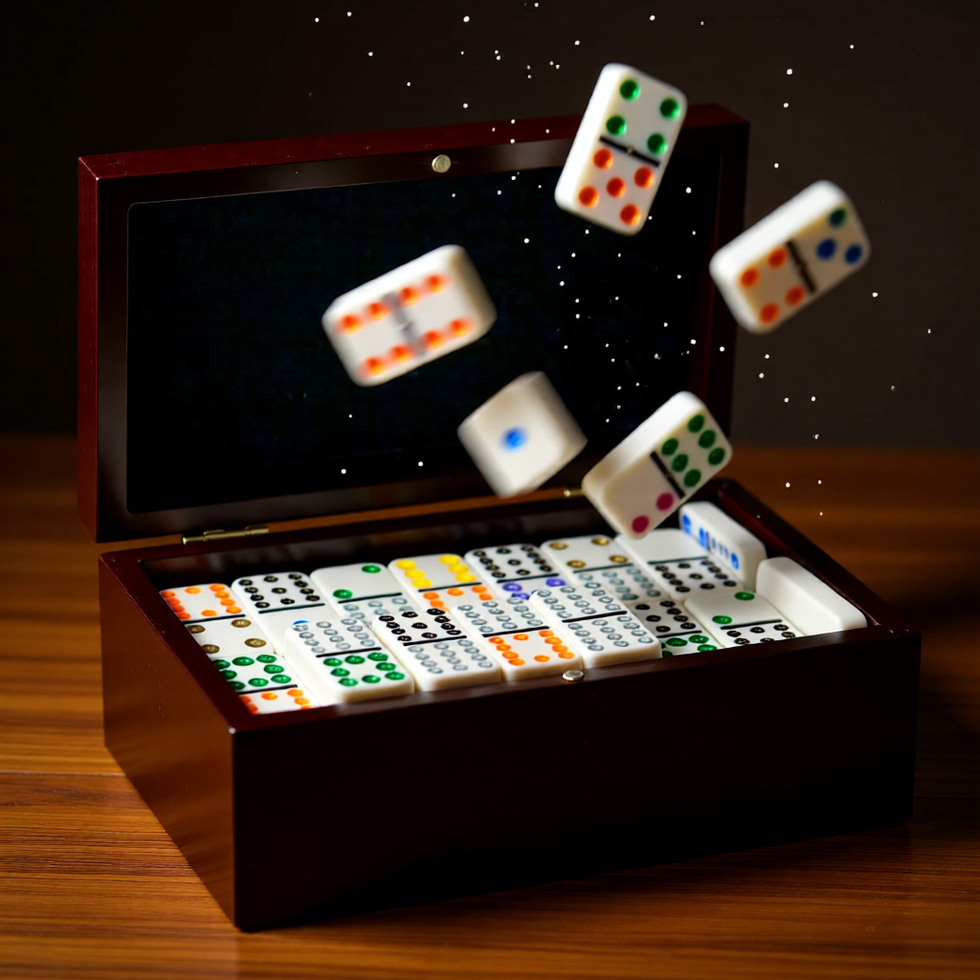 Dynamic shot of white domino tiles tumbling into a custom wood case.