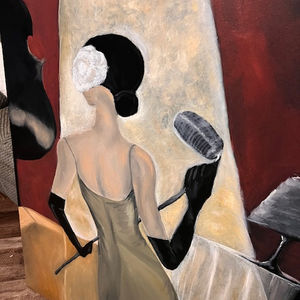 a painting of a woman singing into a microphone