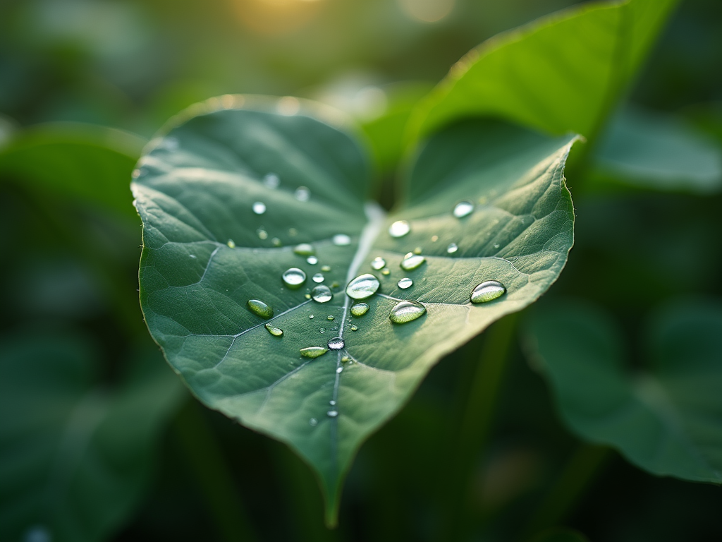 Abstract botanical leaves with fresh water droplets emphasizing natural care.