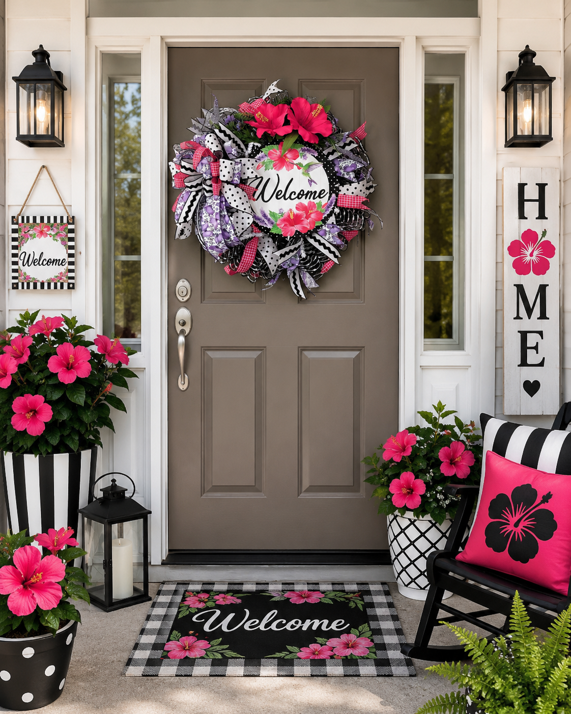 Hibiscus Spring Wreath: Pink & Black Door Hanger