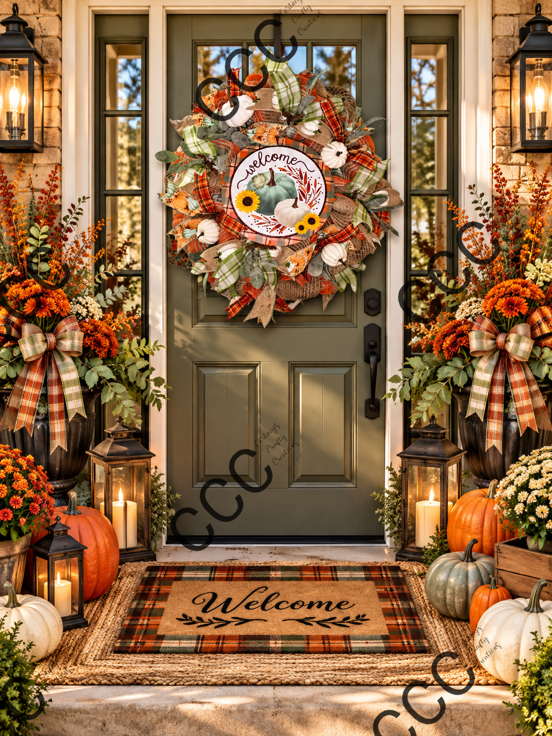 Handmade fall pumpkin wreath with orange and sage green plaid ribbon displayed on a decorated autumn front porch.