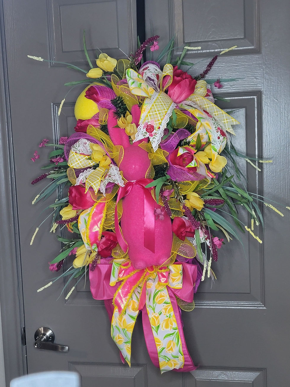 Thumbnail: Flocked Bunny Easter Wreath: Pink & Yellow Spring Door Hanger