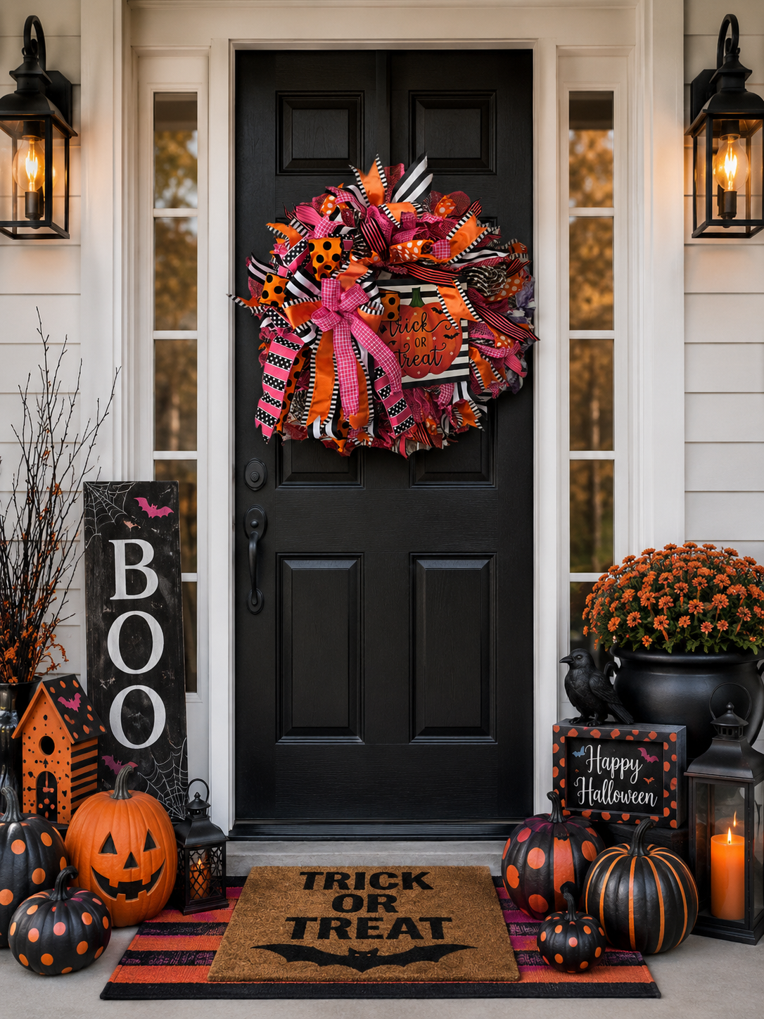 Black and orange Halloween wreath with hot pink accents displayed on a front door