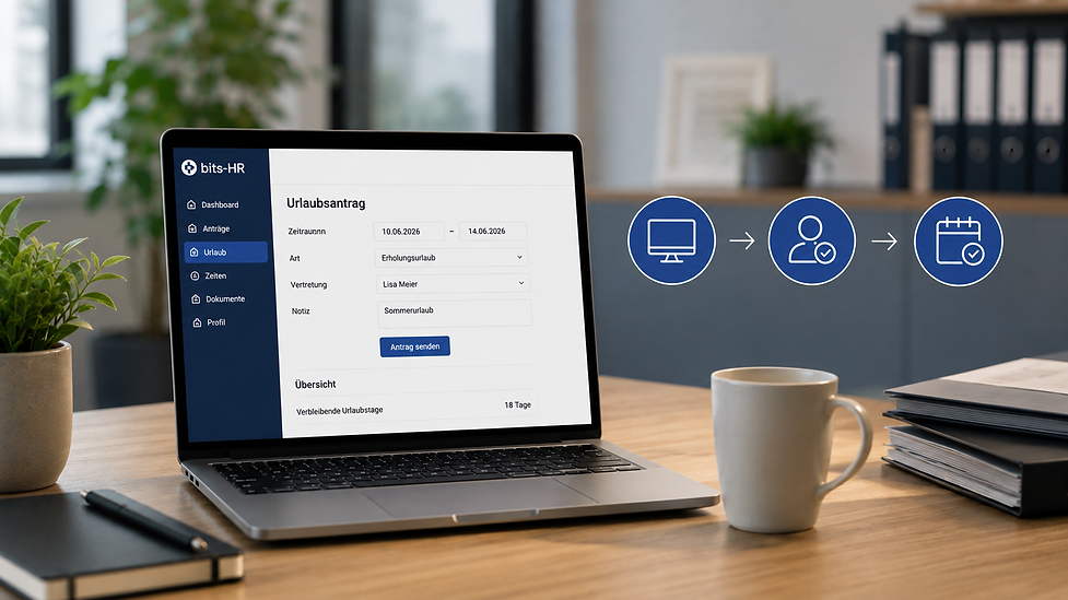 Laptop mit bits-HR und digitalem Urlaubsantrag als Beispiel für effiziente und zeitsparende HR-Prozesse.