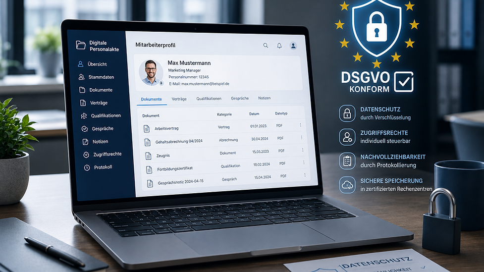 Digitale Personalakte mit Datenschutzfunktionen, Zugriffsrechten und DSGVO-konformer Verarbeitung von Personaldaten.