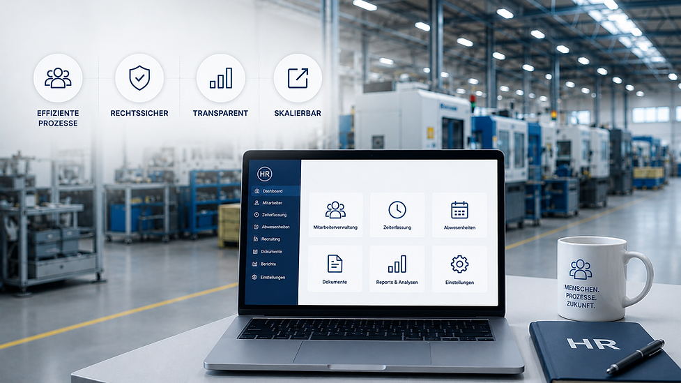 Moderne Produktionshalle mit HR-Software auf einem Laptop als Symbol für die Digitalisierung von Personalprozessen im Mittelstand.