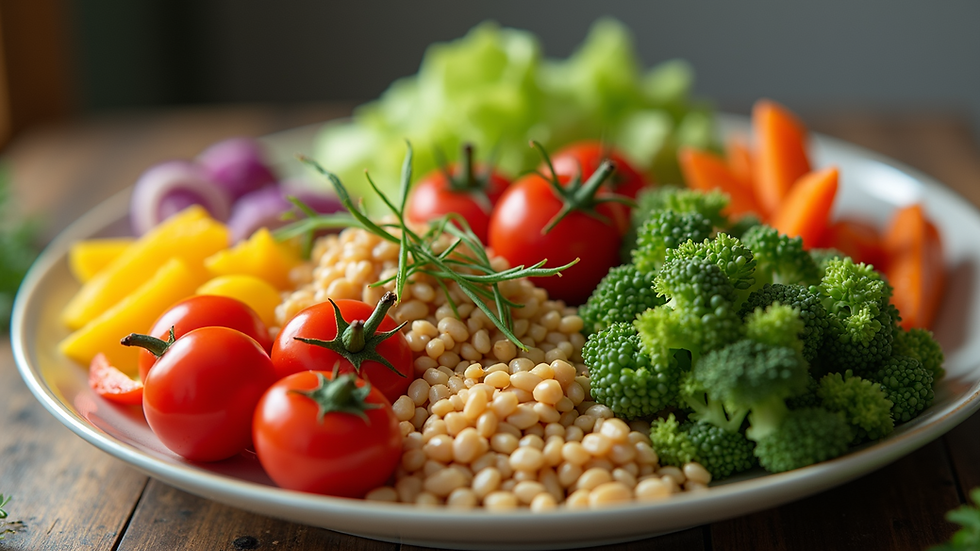 Close-up view of a colorful plate filled with fresh vegetables and grains