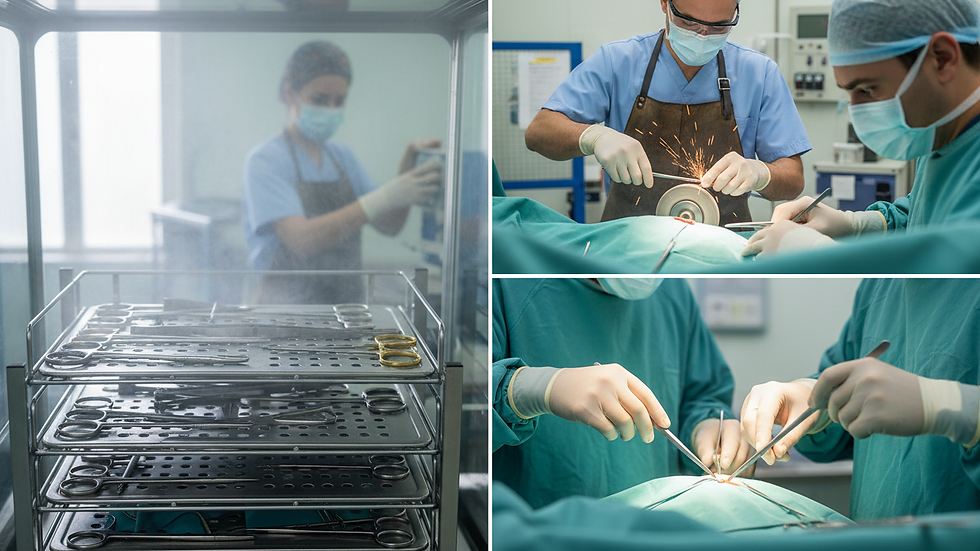 Eye-level view of surgical steel instruments being sterilized in a medical facility