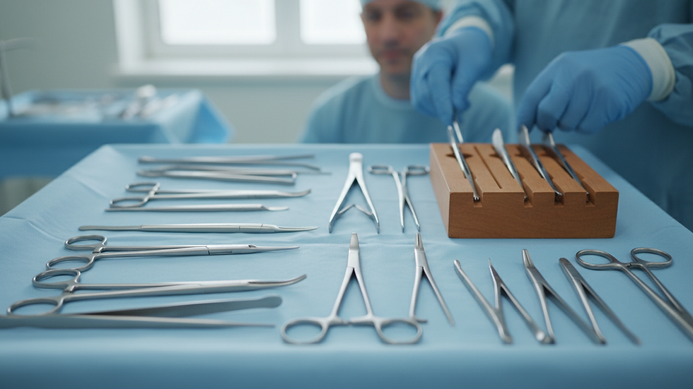 Eye-level view of various surgical instruments categorized on a sterile tray