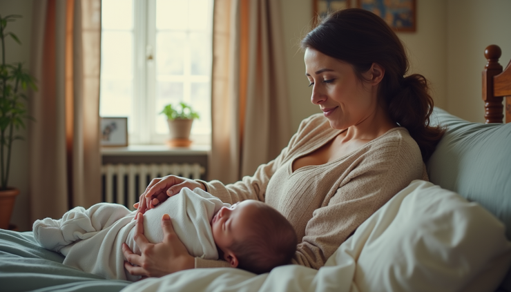 Eye-level view of a birth doula providing comfort to a laboring mother in a softly lit room