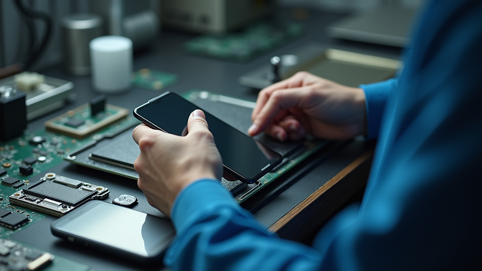 Close-up view of a technician repairing a smartphone