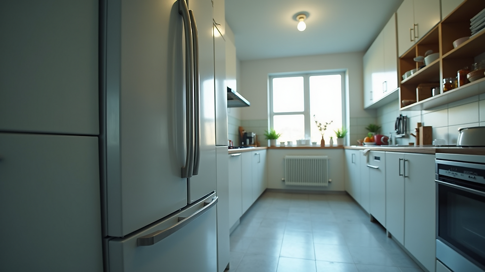 Eye-level view of a modern refrigerator in a kitchen setting