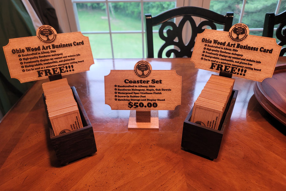Ohio Wood Art business cards and $50 coaster set displays