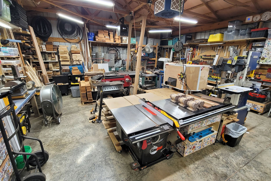 Woodworking workshop with a table saw