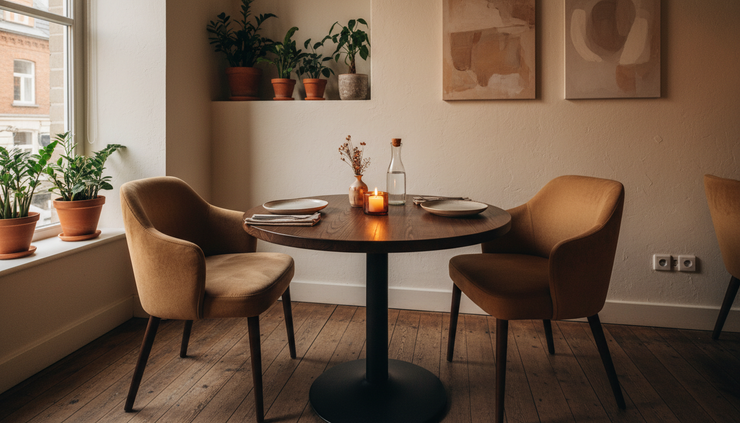 Wide-angle view of a quiet restaurant corner with two dinners placed across from each other.