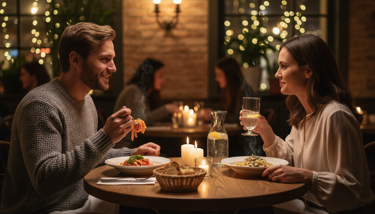 Eye-level view of two people sharing a relaxed dinner at a small candlelit table.