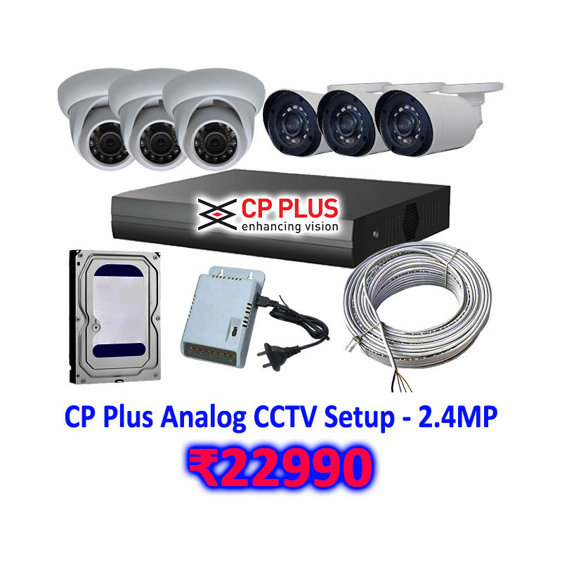 CP Plus Analog CCTV Setup: 8 Ch DVR, 6pcs 2.4MP (NightColor+Mic) Camera, 1TB HDD