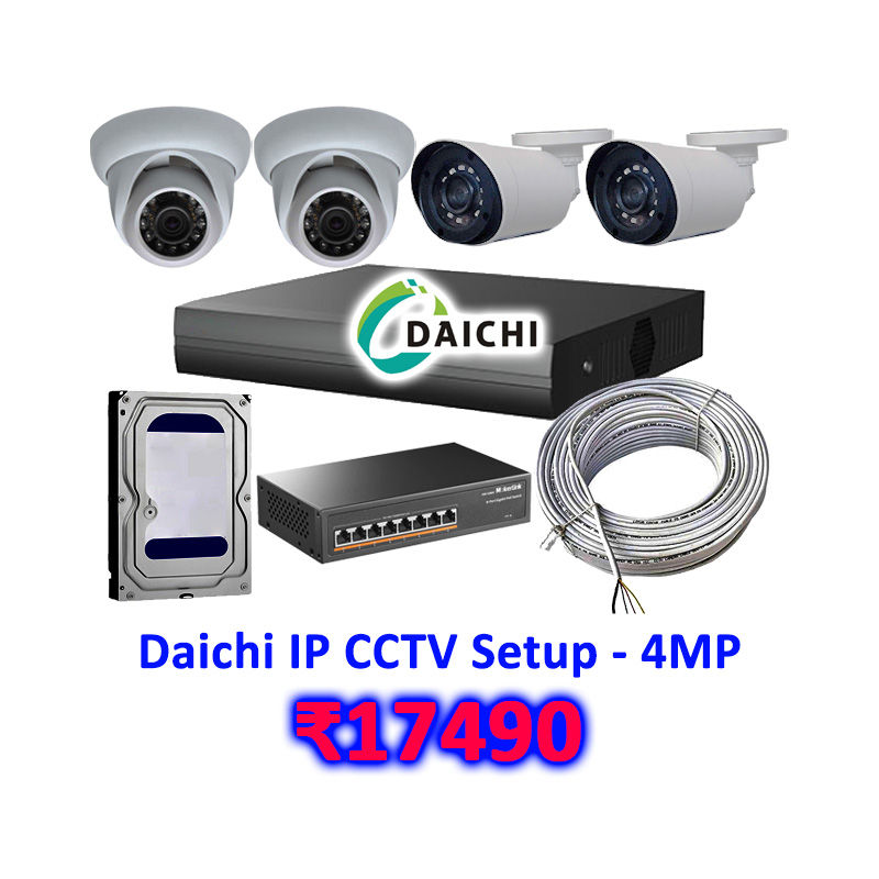 Daichi IP CCTV Setup: 10Ch NVR, 4pcs 4MP IP (NightColor+Mic) Camera, 500GB, POE