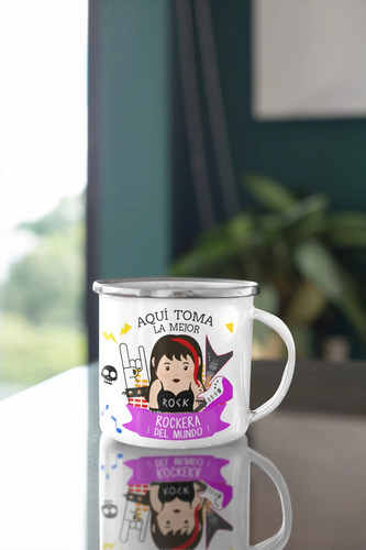 Taza Enlozada Estrella De Rock Femenina - Riffs Y Rebeldía Blanco Regalo
