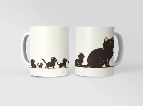 Taza Tazon Familia De Gatos Ilustración Cálida Y Divertida Blanco