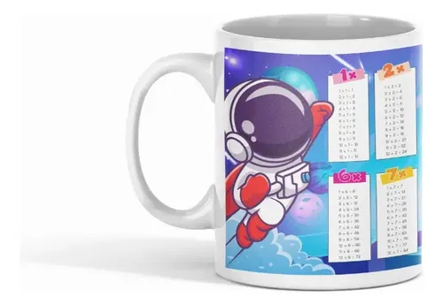 Taza Espacial Con Astronautas Y Tabla De Multiplicar Blanco