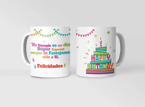 Taza Feliz Cumpleaños Diseño Festivo Blanco