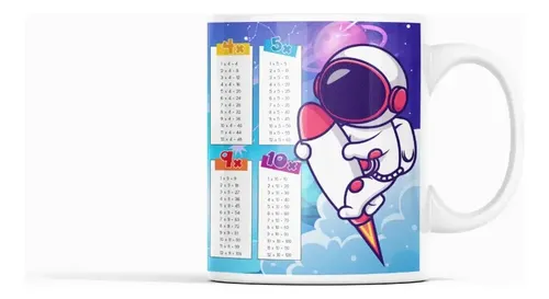 Taza Espacial Con Astronautas Y Tabla De Multiplicar Blanco