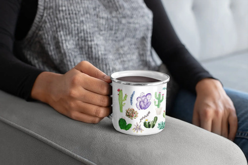 Taza Enlozada Cactus Refresca Tu Día Con Estilo Blanco Cactus