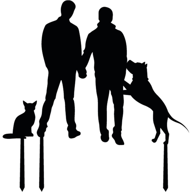 Topper Torta Pareja LGBTQ+ Con Perro Y Gato MDF Negro 15x15 cm